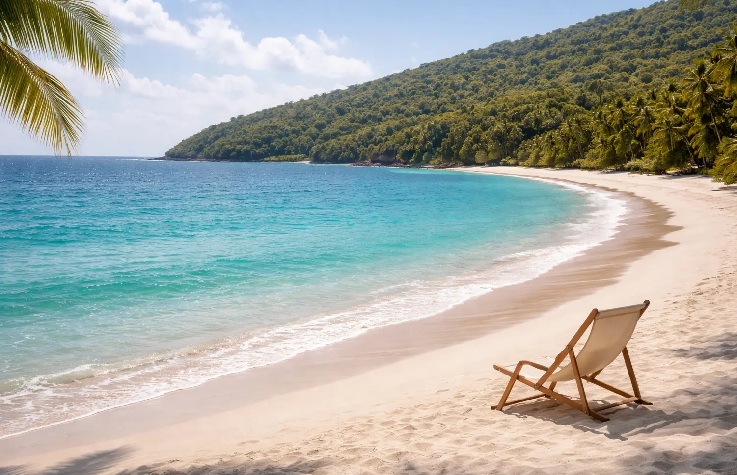 A wide panoramic shot of a crescent-shaped white sand beach with turquoise water and lush green hills in Puerto Rico.