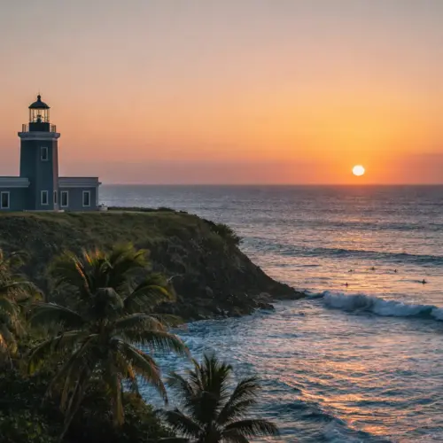 A wide documentary photograph of the Rincon lighthouse on a cliff at sunset with surfers in the distant ocean waves.