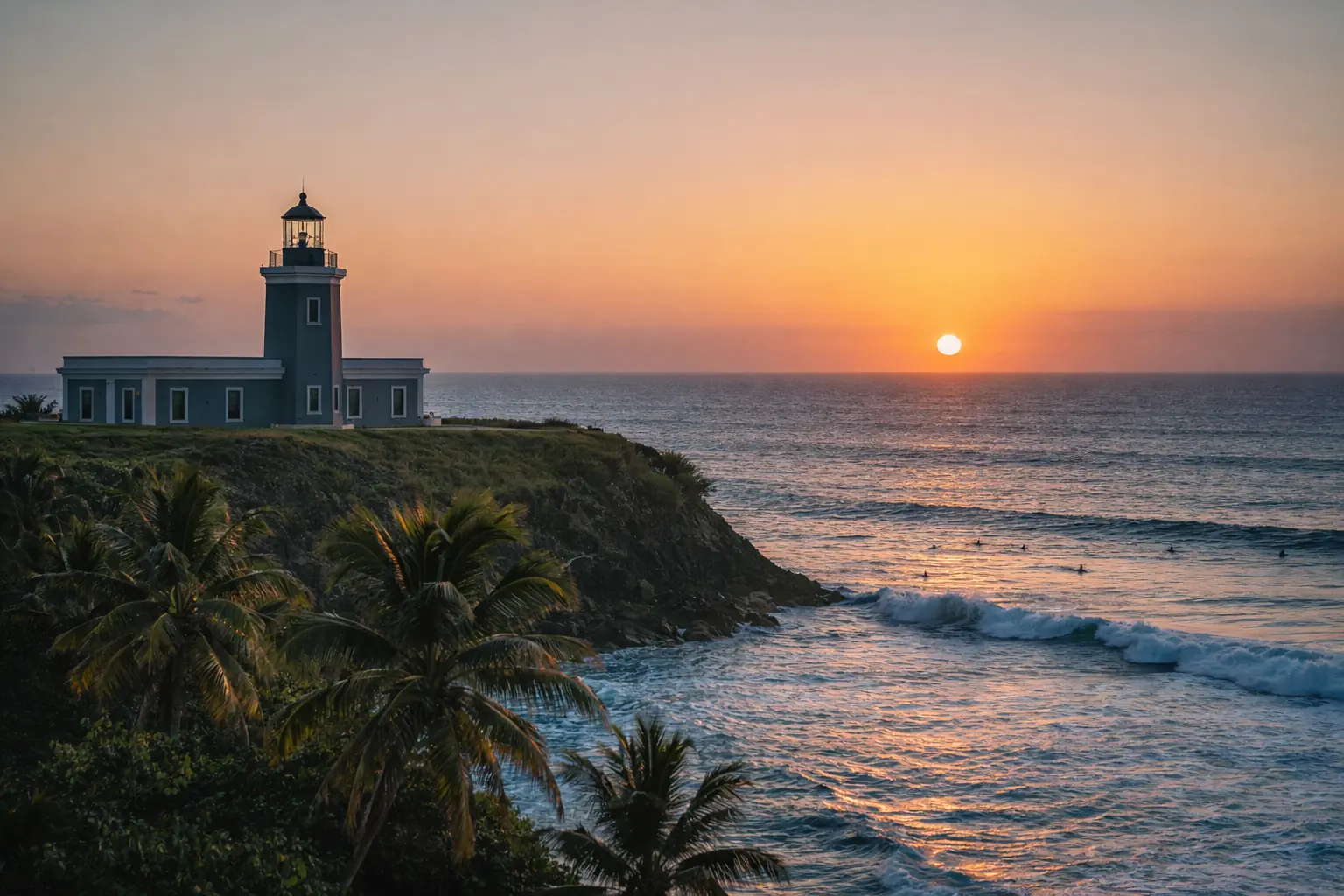 A wide documentary photograph of the Rincon lighthouse on a cliff at sunset with surfers in the distant ocean waves.