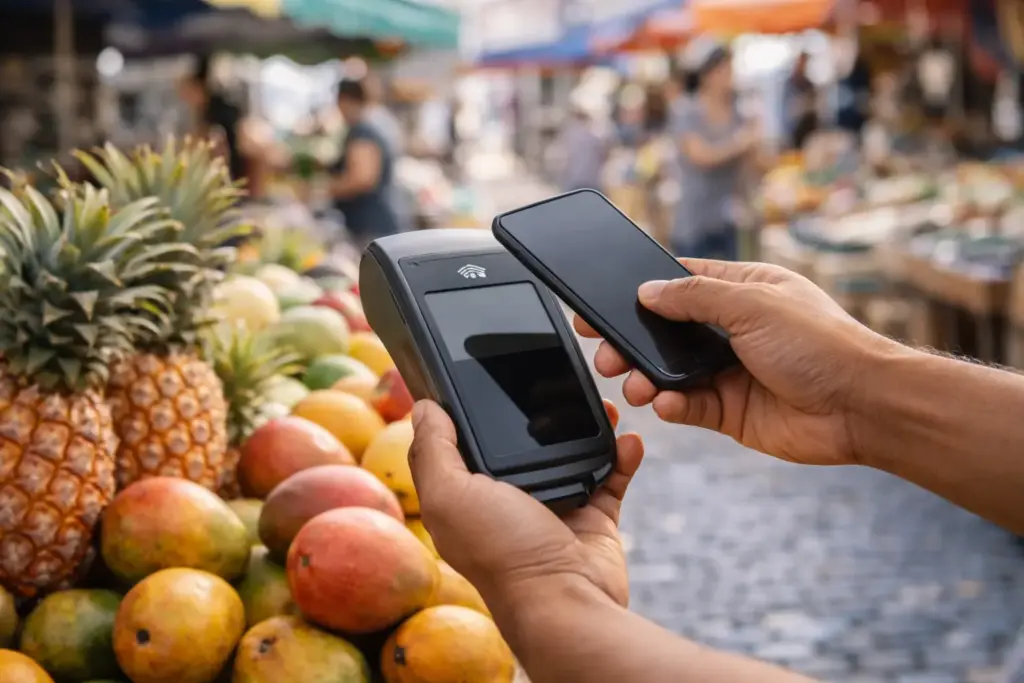 A person of Hispanic descent using a smartphone to pay at a local open-air fruit market, with fresh tropical fruits in the foreground.