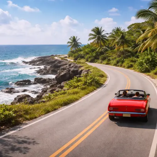 A bright red convertible driving along a scenic coastal road in Puerto Rico with turquoise ocean waves and palm trees.