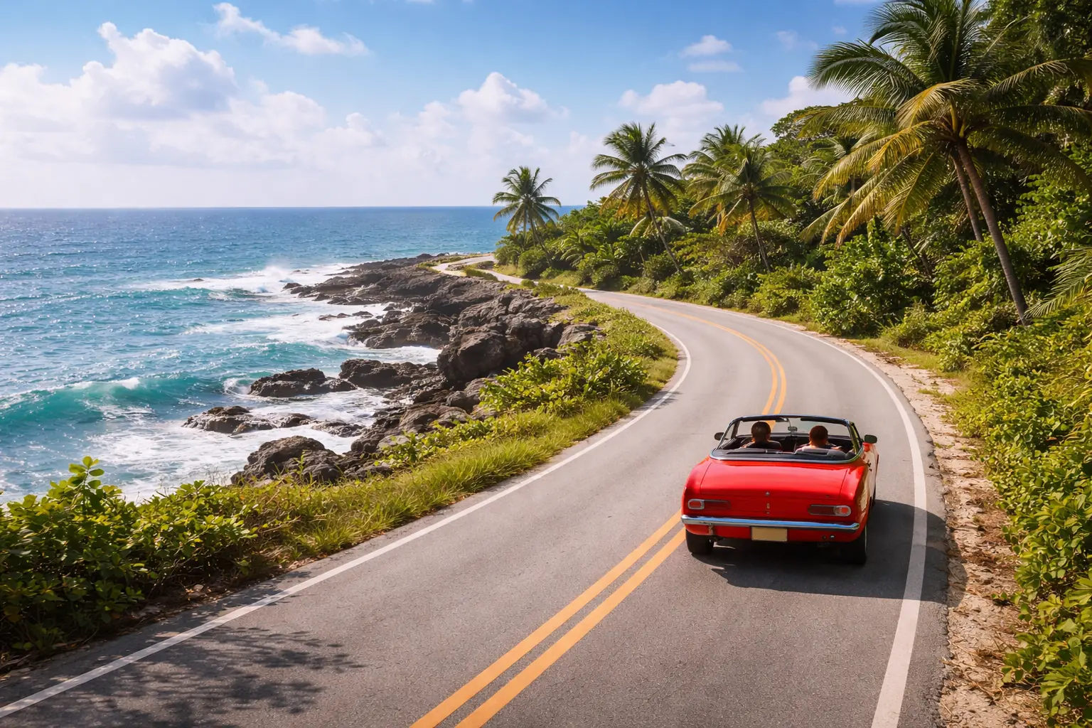 A bright red convertible driving along a scenic coastal road in Puerto Rico with turquoise ocean waves and palm trees.