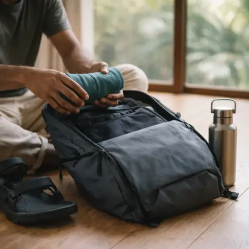 A person of Hispanic descent thoughtfully organizing a high-tech travel backpack on a wooden floor in a sunlit room.
