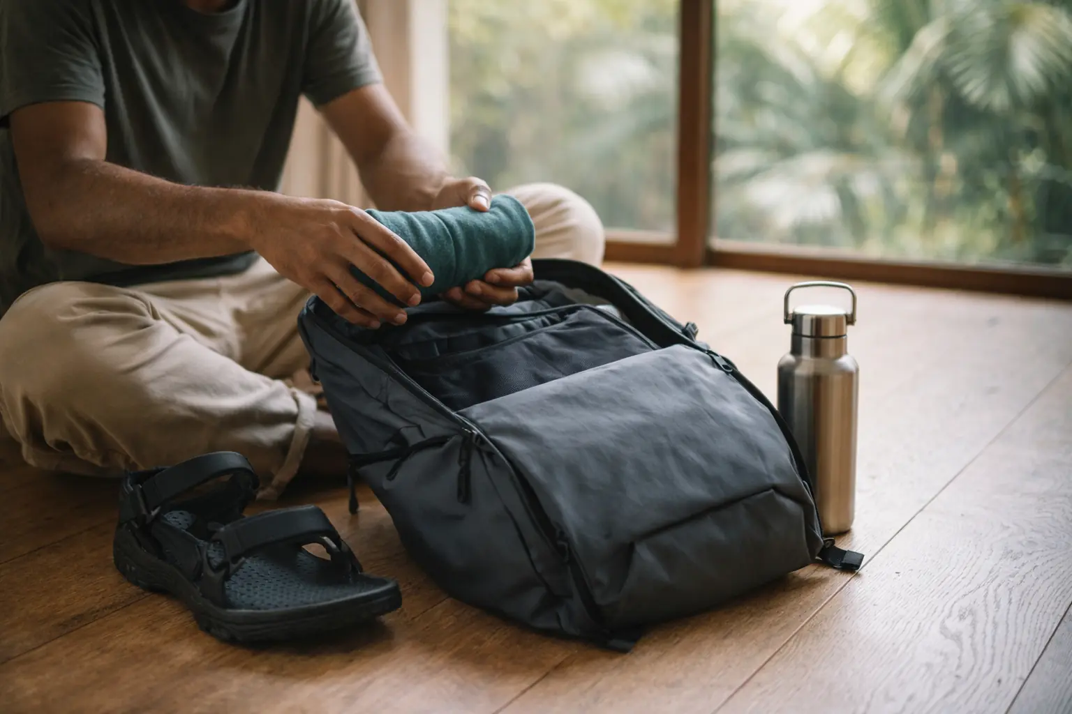 A person of Hispanic descent thoughtfully organizing a high-tech travel backpack on a wooden floor in a sunlit room.