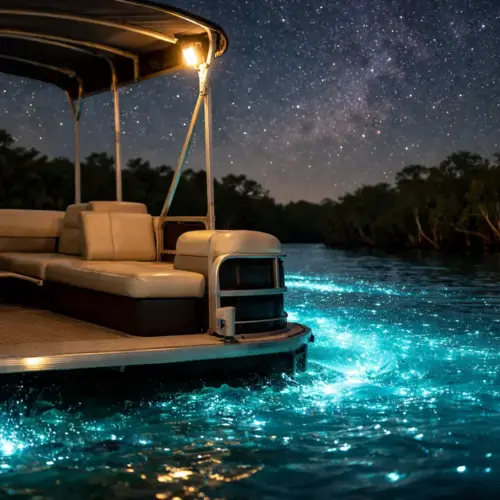 USCG-certified pontoon boat exploring bioluminescent glow in Laguna Grande at night