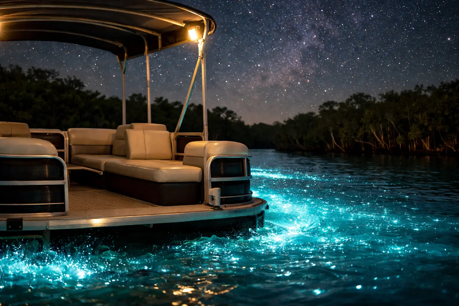 USCG-certified pontoon boat exploring bioluminescent glow in Laguna Grande at night