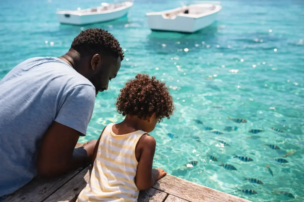 A father and child looking at small boats in the calm waters of the Black Eagle Marina in Rincon.