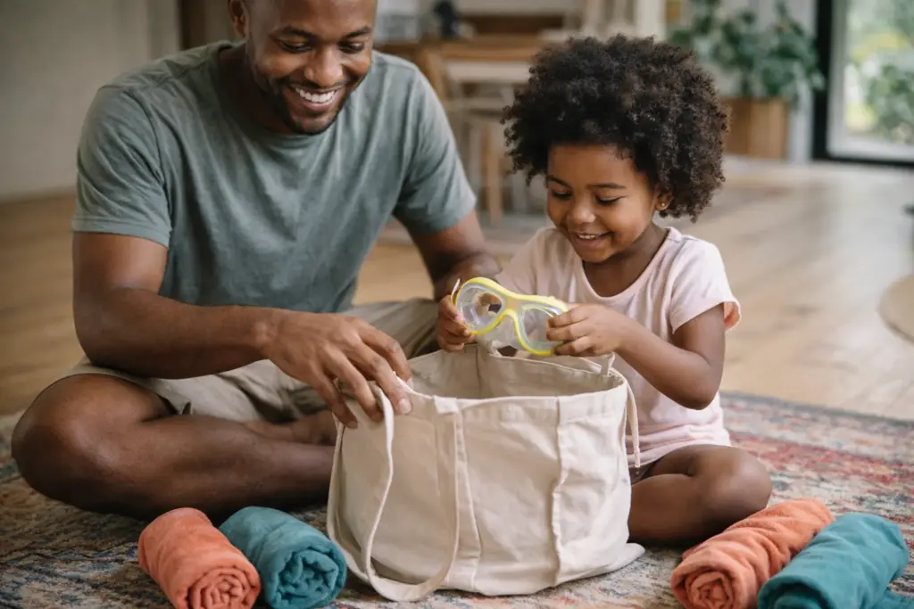 An African American father and young daughter laughing while packing a bright beach bag with colorful towels and goggles.