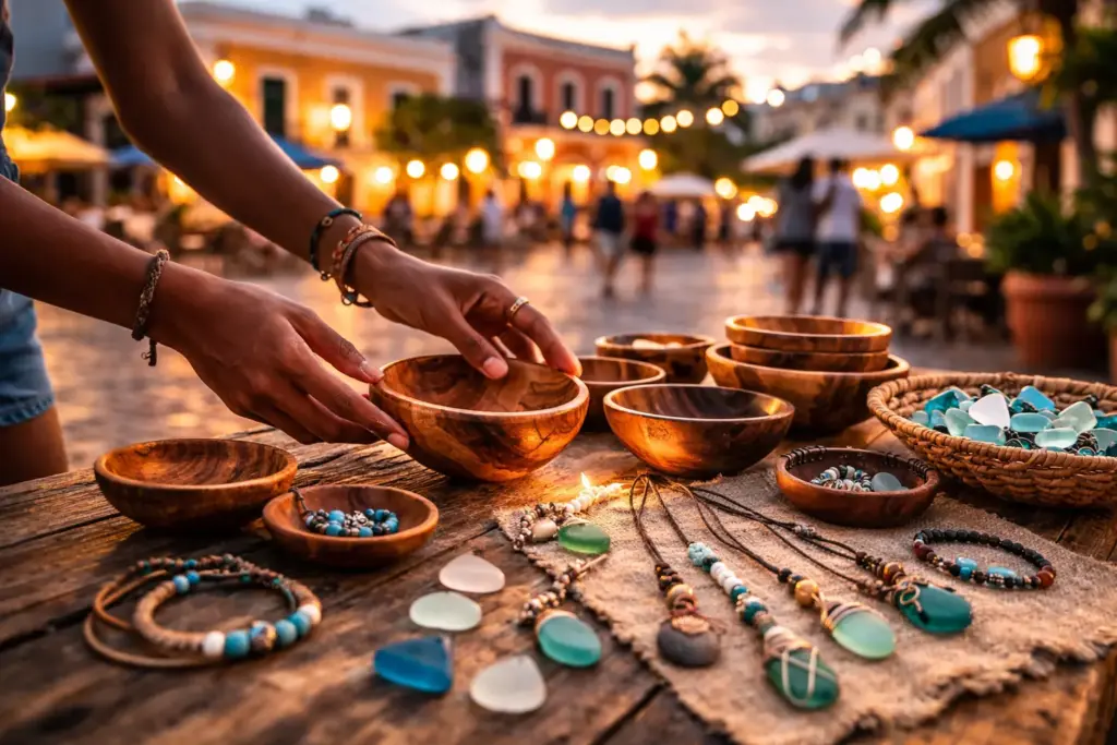 A person browsing handmade crafts at an outdoor market stall in the Rincon town square during the Art Walk.