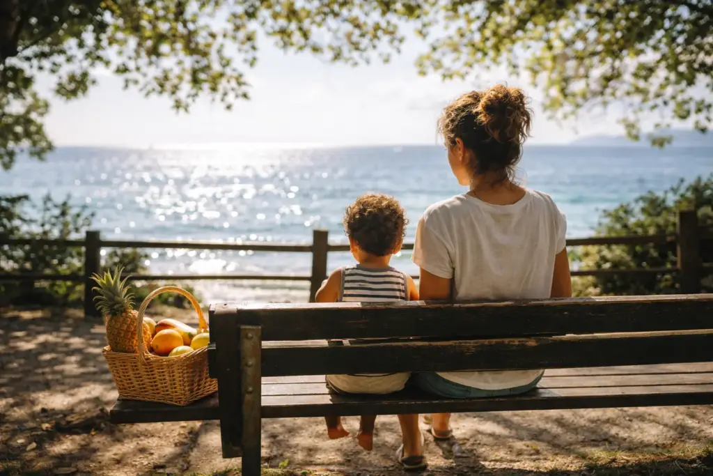 A family enjoying a picnic on a wooden bench at a public oceanfront park in Puerto Rico.
