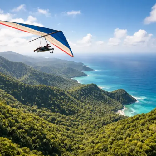 Wide panoramic view of a hang glider soaring over the lush coastal mountains of Puerto Rico.