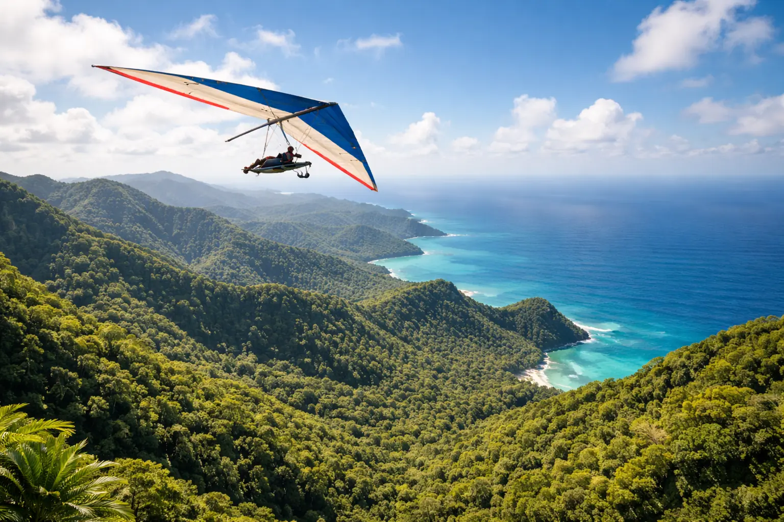 Wide panoramic view of a hang glider soaring over the lush coastal mountains of Puerto Rico.