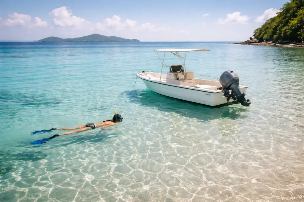 A small boat anchored in a secluded bay with crystal clear water and a person snorkeling nearby.