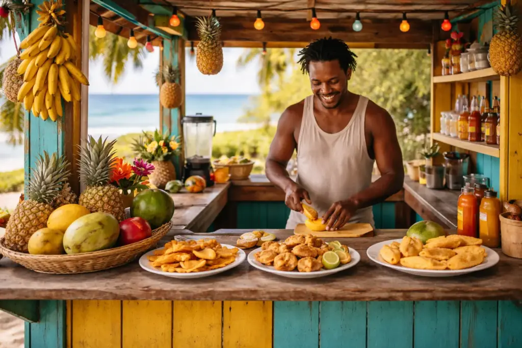 A colorful wooden roadside food stand serving fresh tropical snacks near a beach.