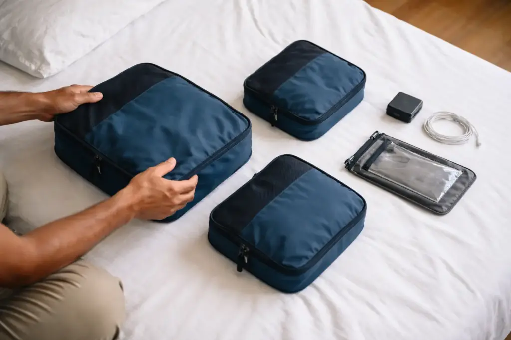 A neatly organized array of compression packing cubes and modern electronics on a clean white bedspread.