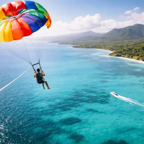 A person soaring in a colorful parasail canopy high above the vibrant turquoise ocean of Puerto Rico
