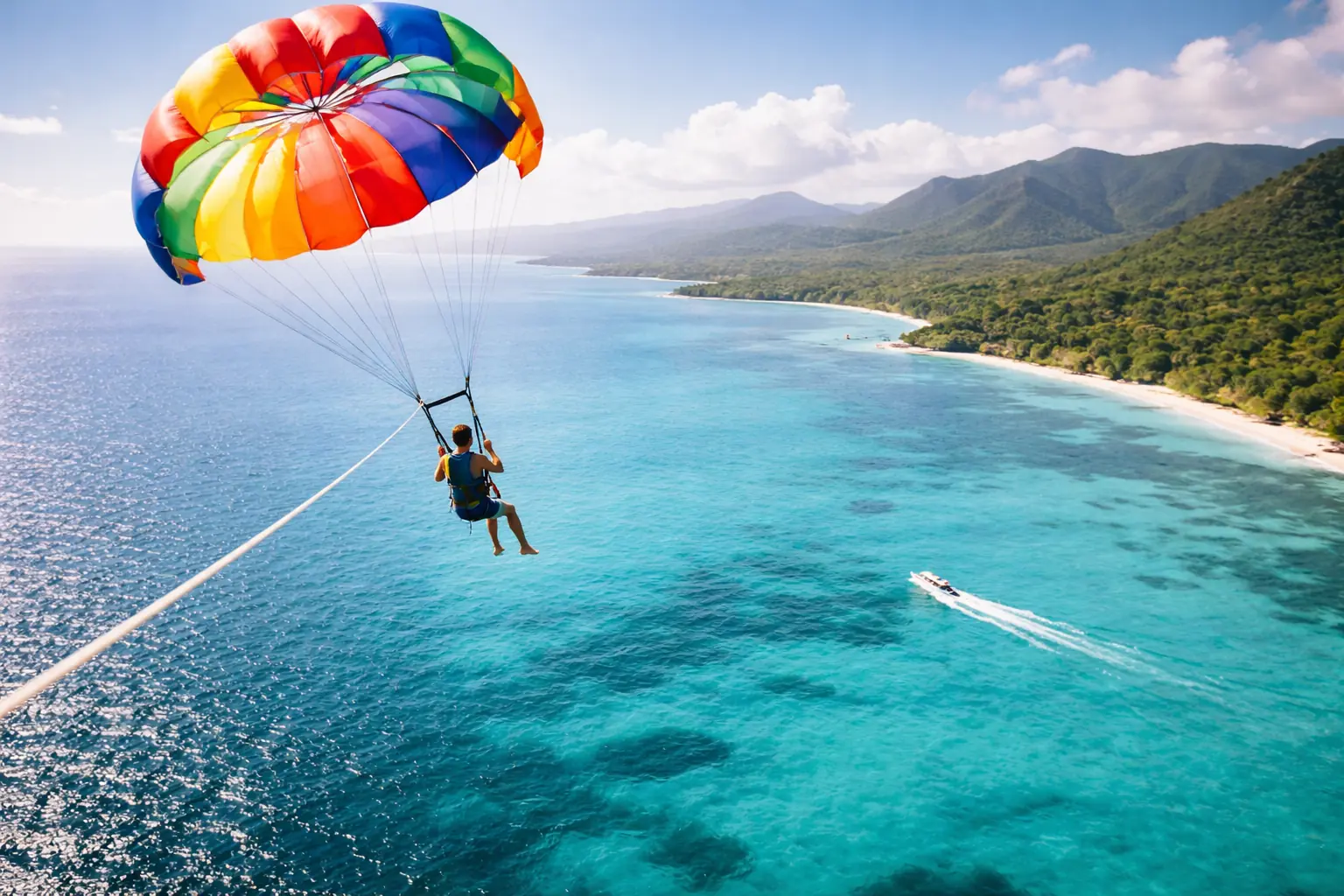 A person soaring in a colorful parasail canopy high above the vibrant turquoise ocean of Puerto Rico