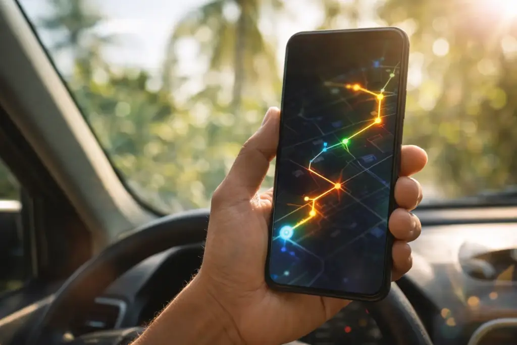 A person’s hand holding a smartphone displaying a colorful abstract map with GPS route lines in a car interior.
