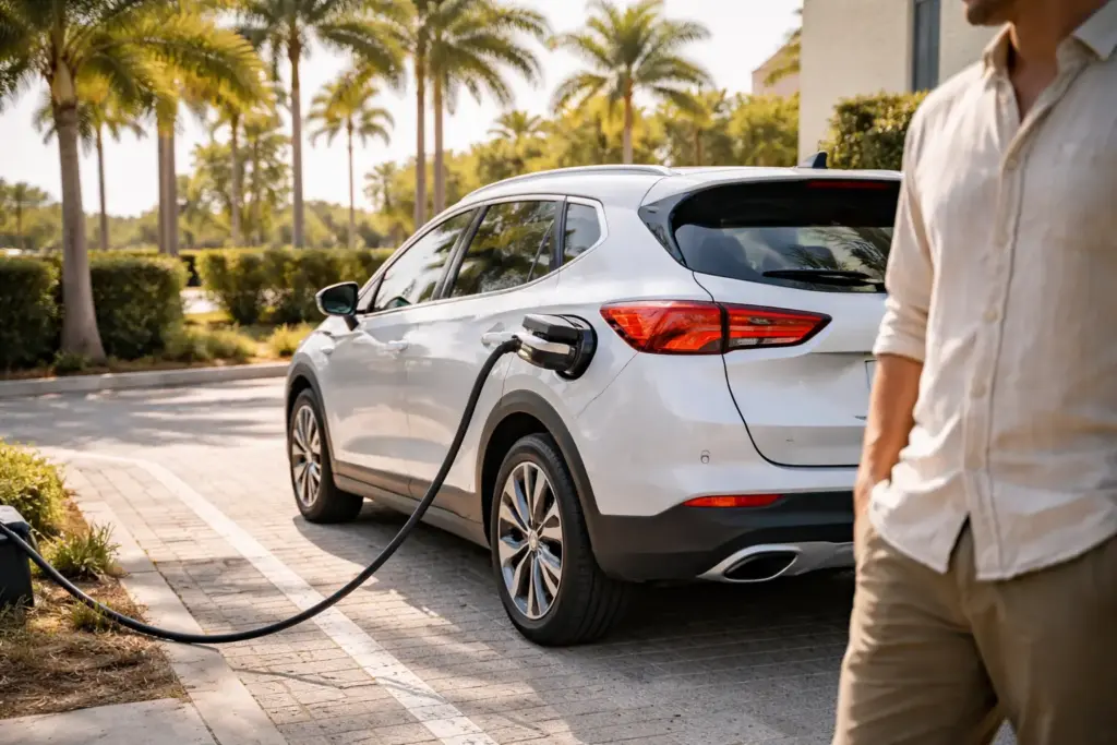 A sleek electric car parked near a coastal hotel with a charging cable connected, tropical palm trees in the background.
