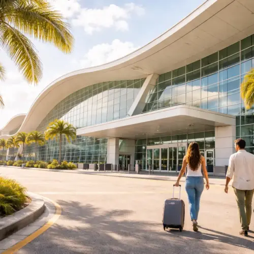 A panoramic view of a modern tropical airport terminal exterior with palm trees and a bright blue sky.