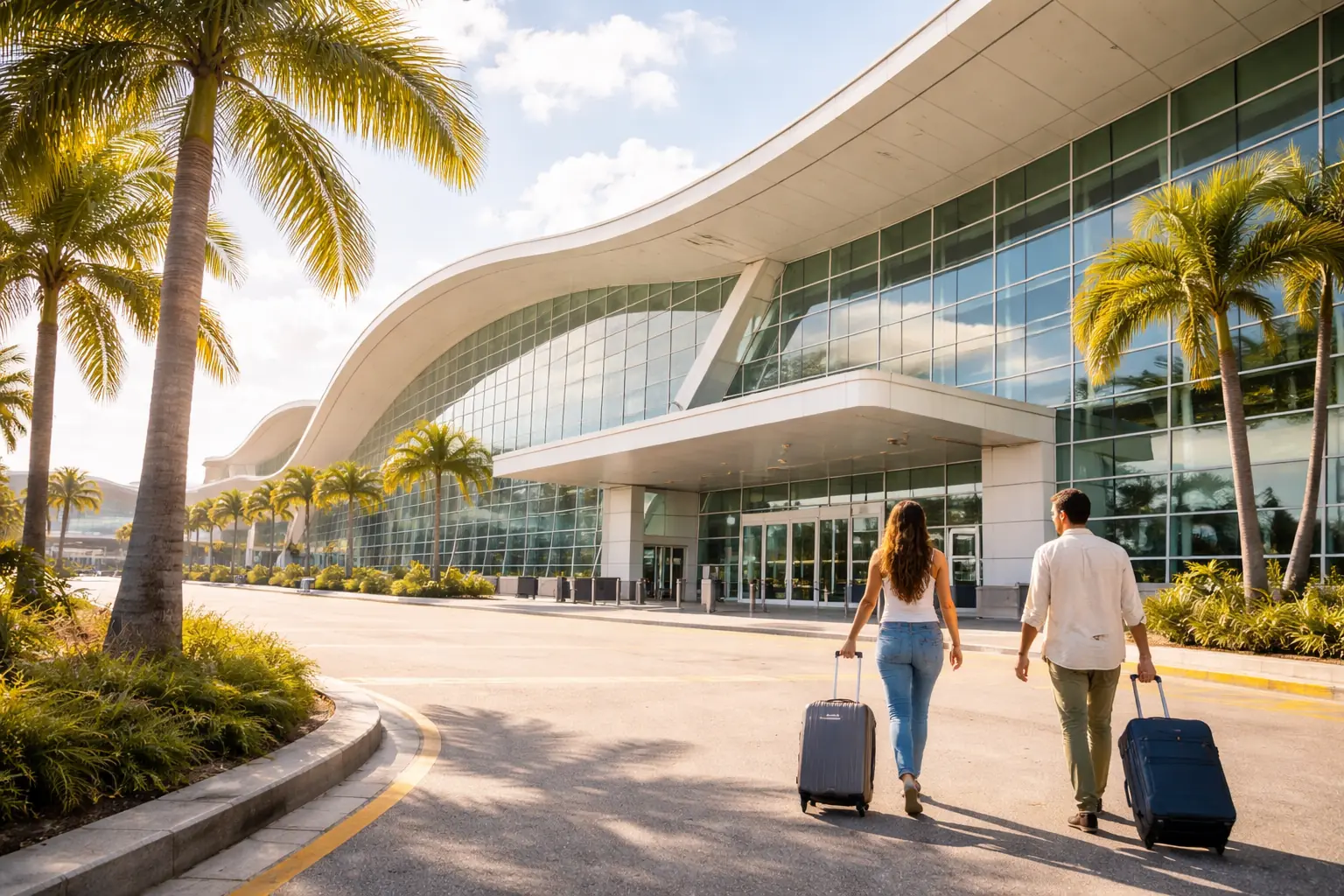A panoramic view of a modern tropical airport terminal exterior with palm trees and a bright blue sky.