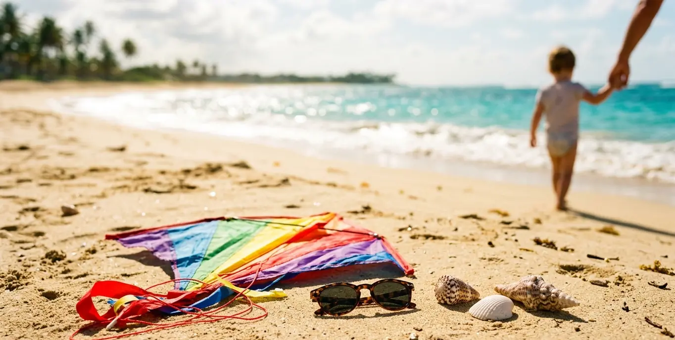 A close-up, sun-drenched photograph on a Puerto Rican beach featuring a colorful child’s kite resting on the sand next to a pair of small toddler sunglasses and natural seashells. The ocean is in the background.