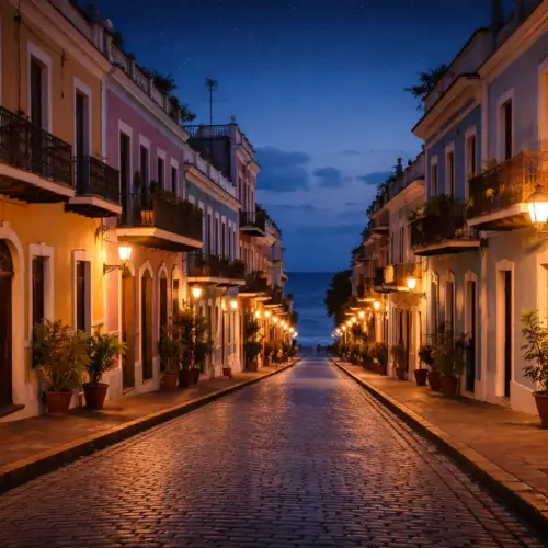 A wide panoramic view of Old San Juan at twilight with glowing streetlights and historic architecture
