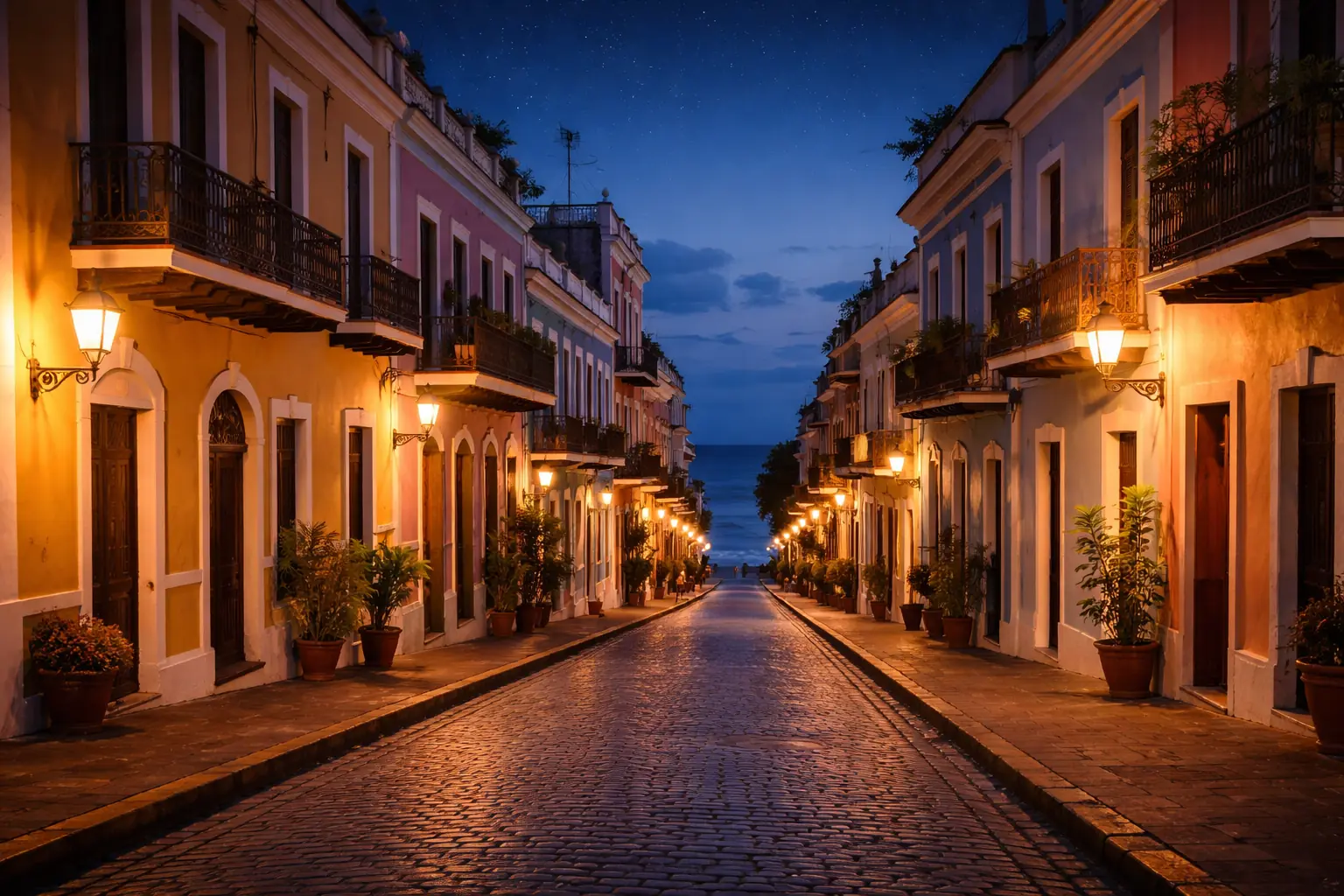 A wide panoramic view of Old San Juan at twilight with glowing streetlights and historic architecture