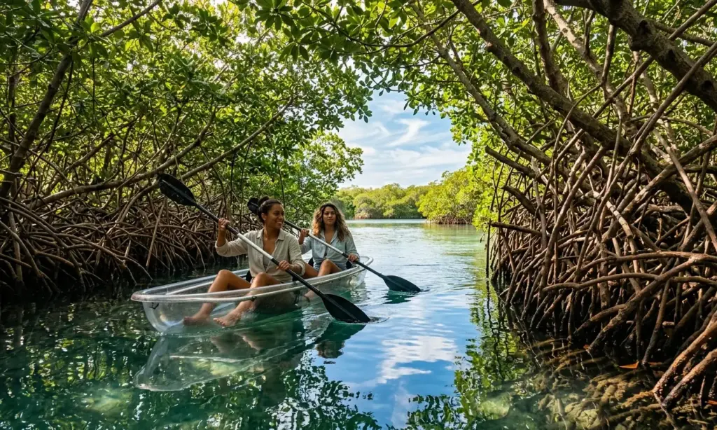 Two people in a transparent kayak paddling through a calm mangrove tunnel in Puerto Rico.