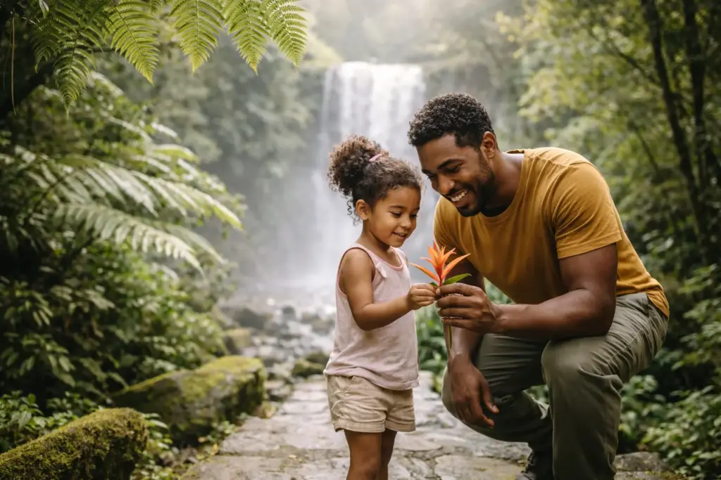 A father and daughter exploring a lush tropical trail in El Yunque National Forest near a small waterfall.