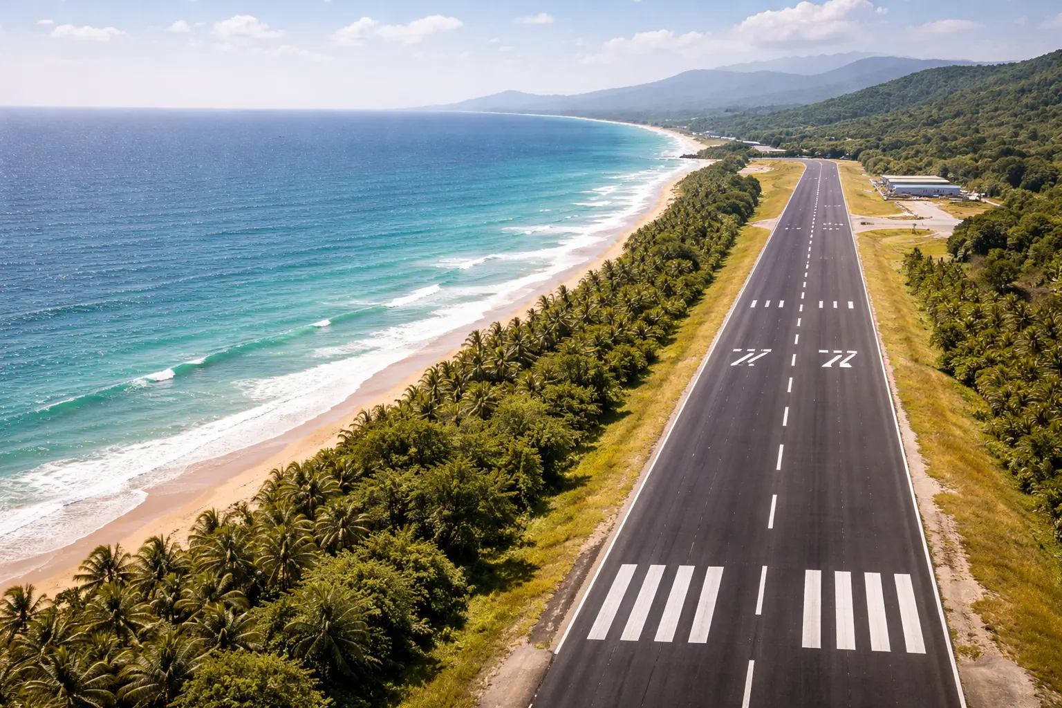 A wide aerial view of a runway stretching along the turquoise coastline of Puerto Rico.