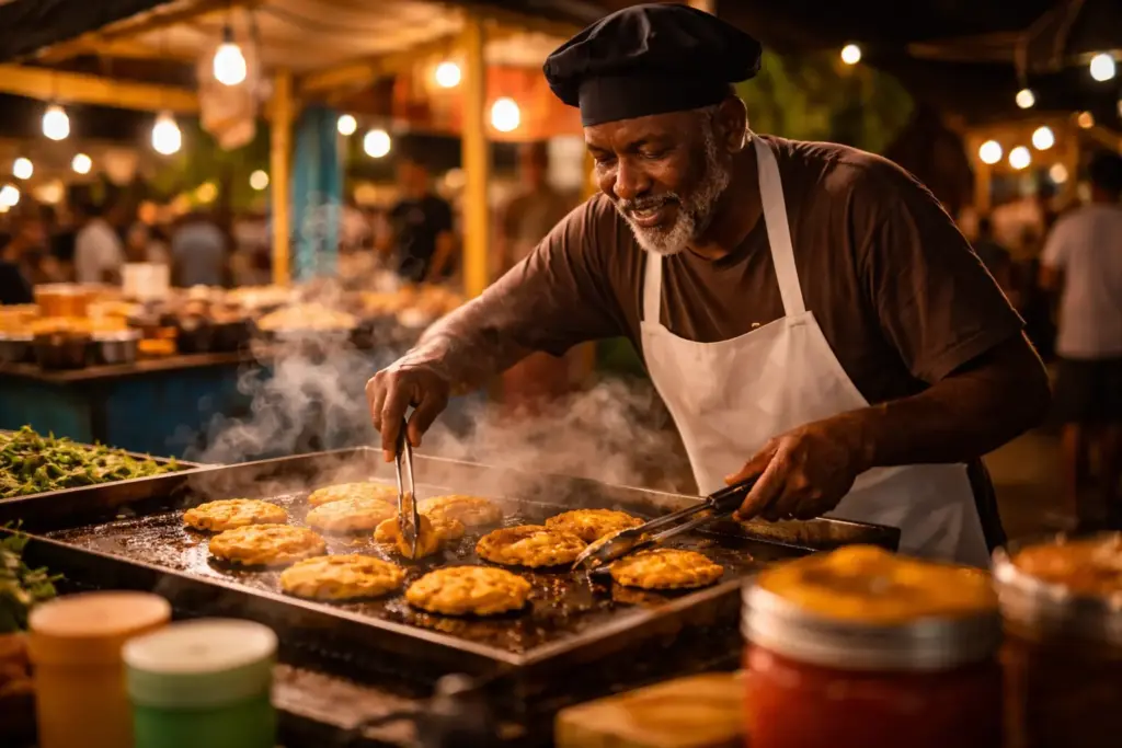 A chef preparing colorful street food at a nighttime market stall