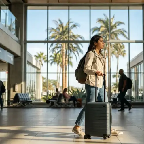 A traveler walking through a modern airport terminal with tropical palm trees visible through a large glass window.