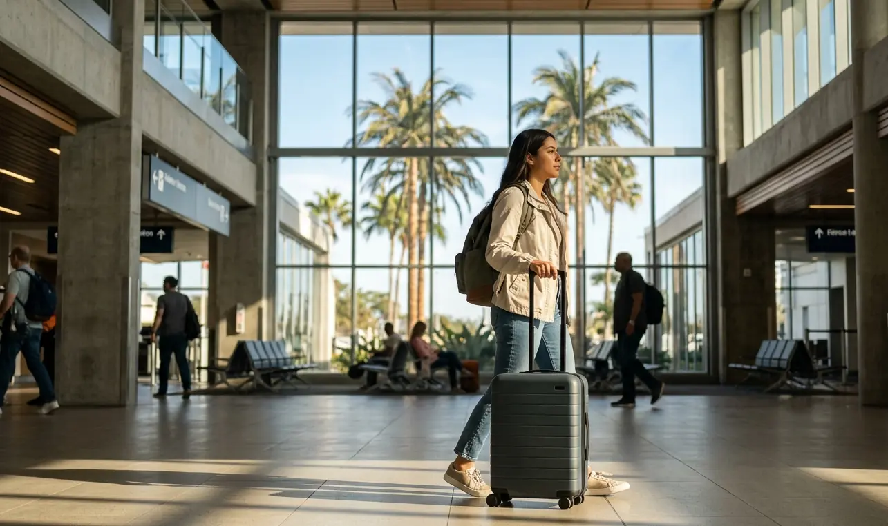 A traveler walking through a modern airport terminal with tropical palm trees visible through a large glass window.