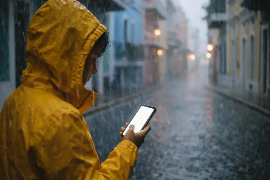 A person in a waterproof jacket looking at a blank glowing smartphone screen in a rain-blurred city street.