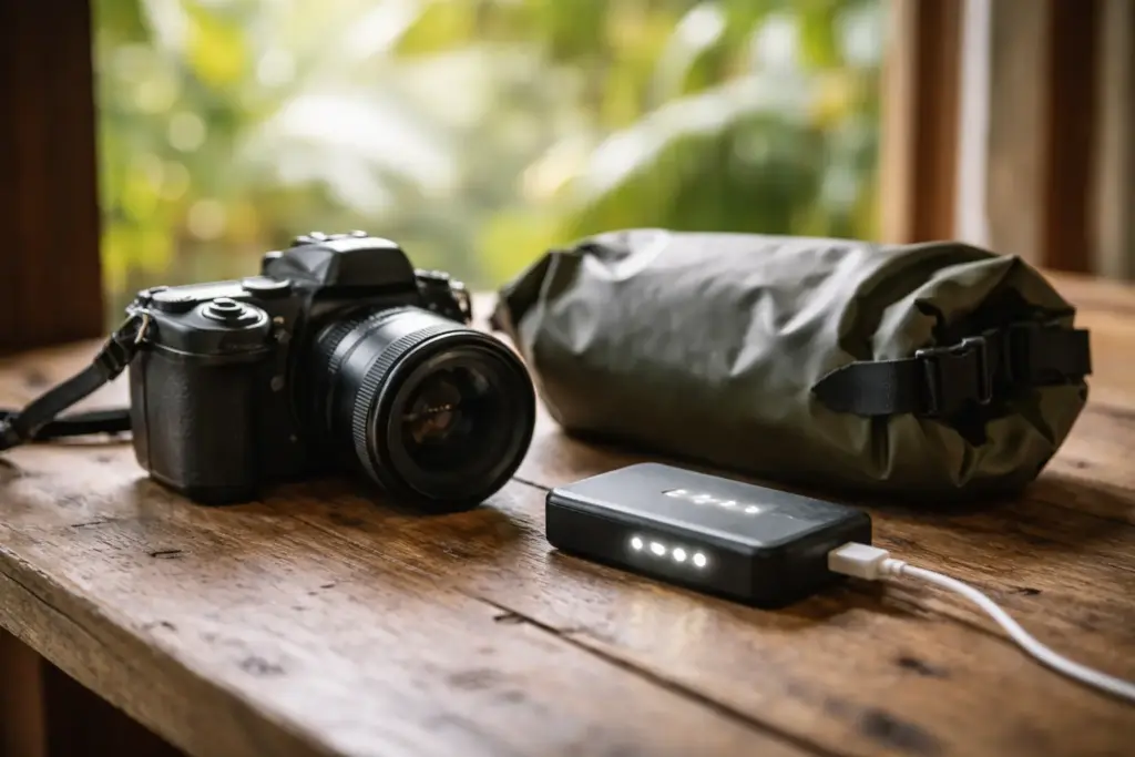 A close-up of a wooden table with a professional camera, a waterproof bag, and a blank glowing power bank.
