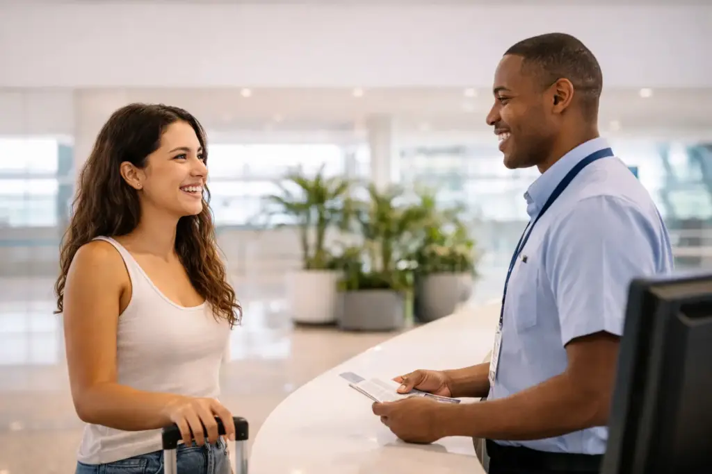A traveler talking to a friendly airport staff member in a brightly lit information area.