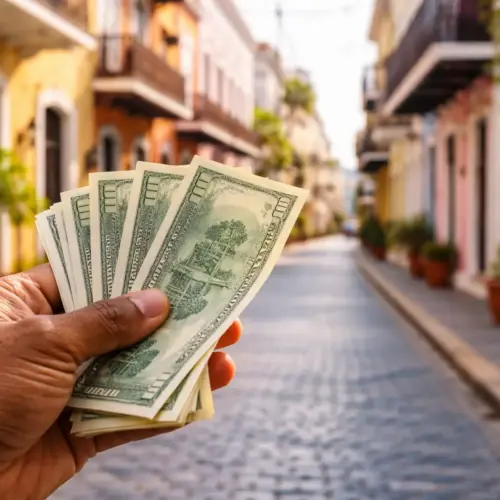 A panoramic shot of a person’s hand holding several green banknotes against the backdrop of a colorful Old San Juan street with cobblestones and colonial buildings.