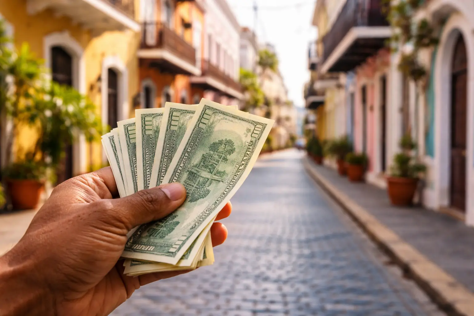 A panoramic shot of a person’s hand holding several green banknotes against the backdrop of a colorful Old San Juan street with cobblestones and colonial buildings.