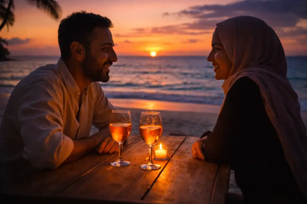 A couple sharing a meal at a beachfront table during a vibrant tropical sunset