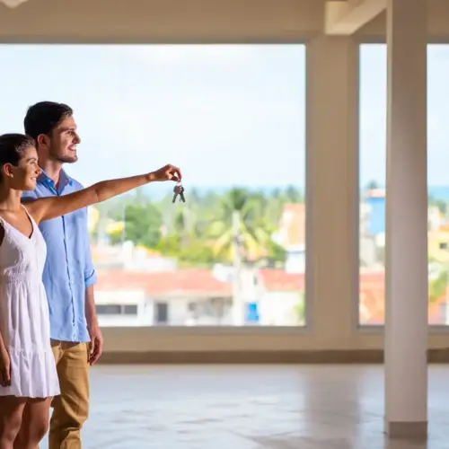 A young couple standing in a sunlit apartment in San Juan Puerto Rico looking at the city view.