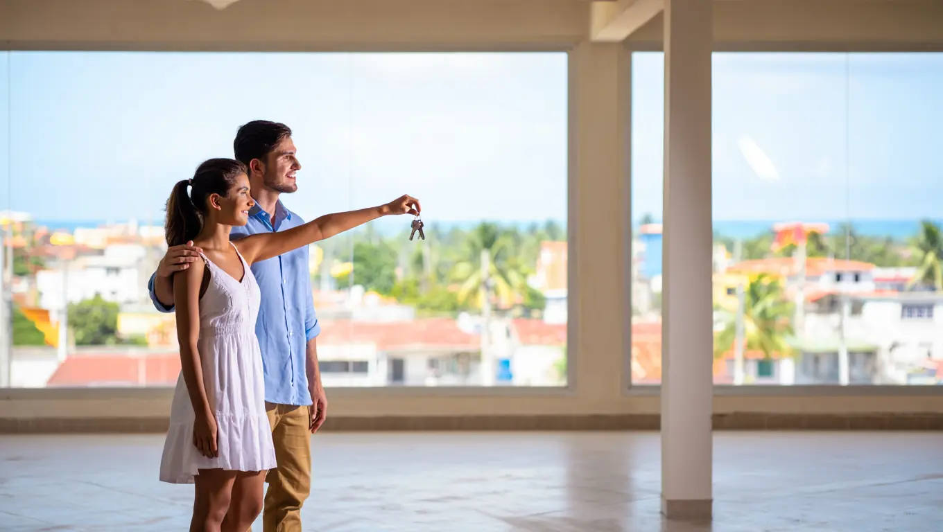 A young couple standing in a sunlit apartment in San Juan Puerto Rico looking at the city view.