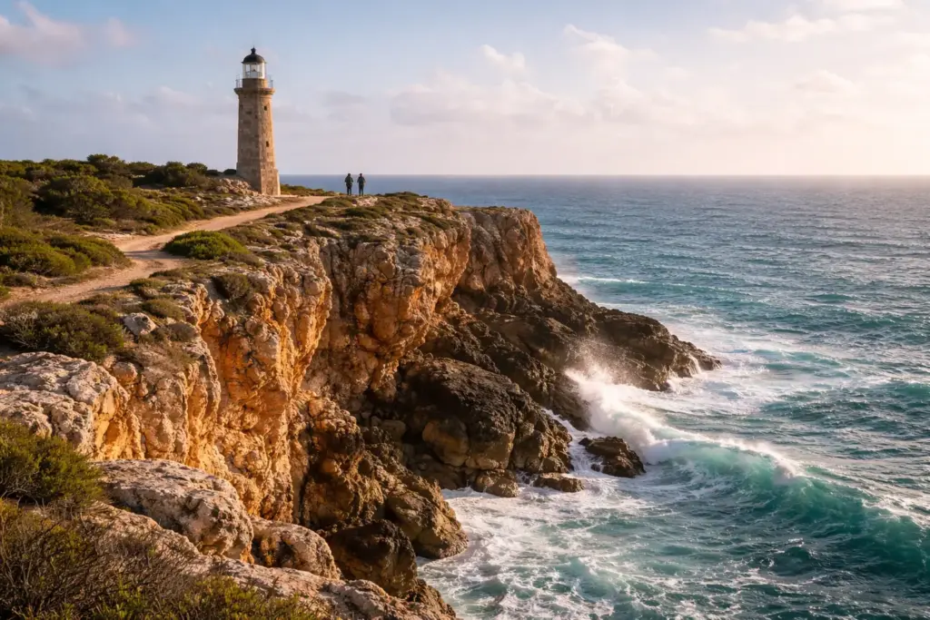 A stone lighthouse perched on dramatic limestone cliffs overlooking the ocean in Puerto Rico.