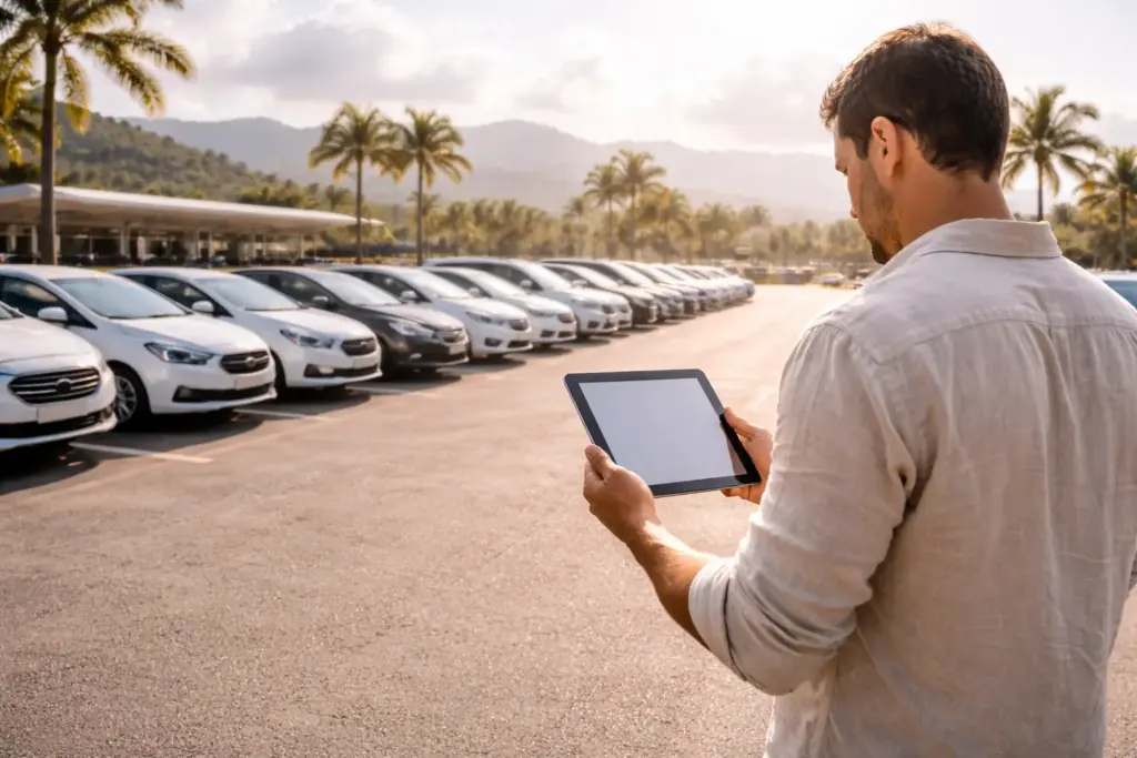 A wide shot of a rental car parking lot near an airport with a view of the mountains.