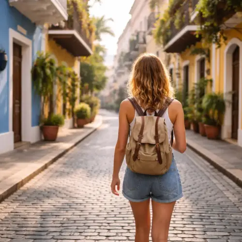 A woman walking through a colorful historic street in Puerto Rico with a small backpack.