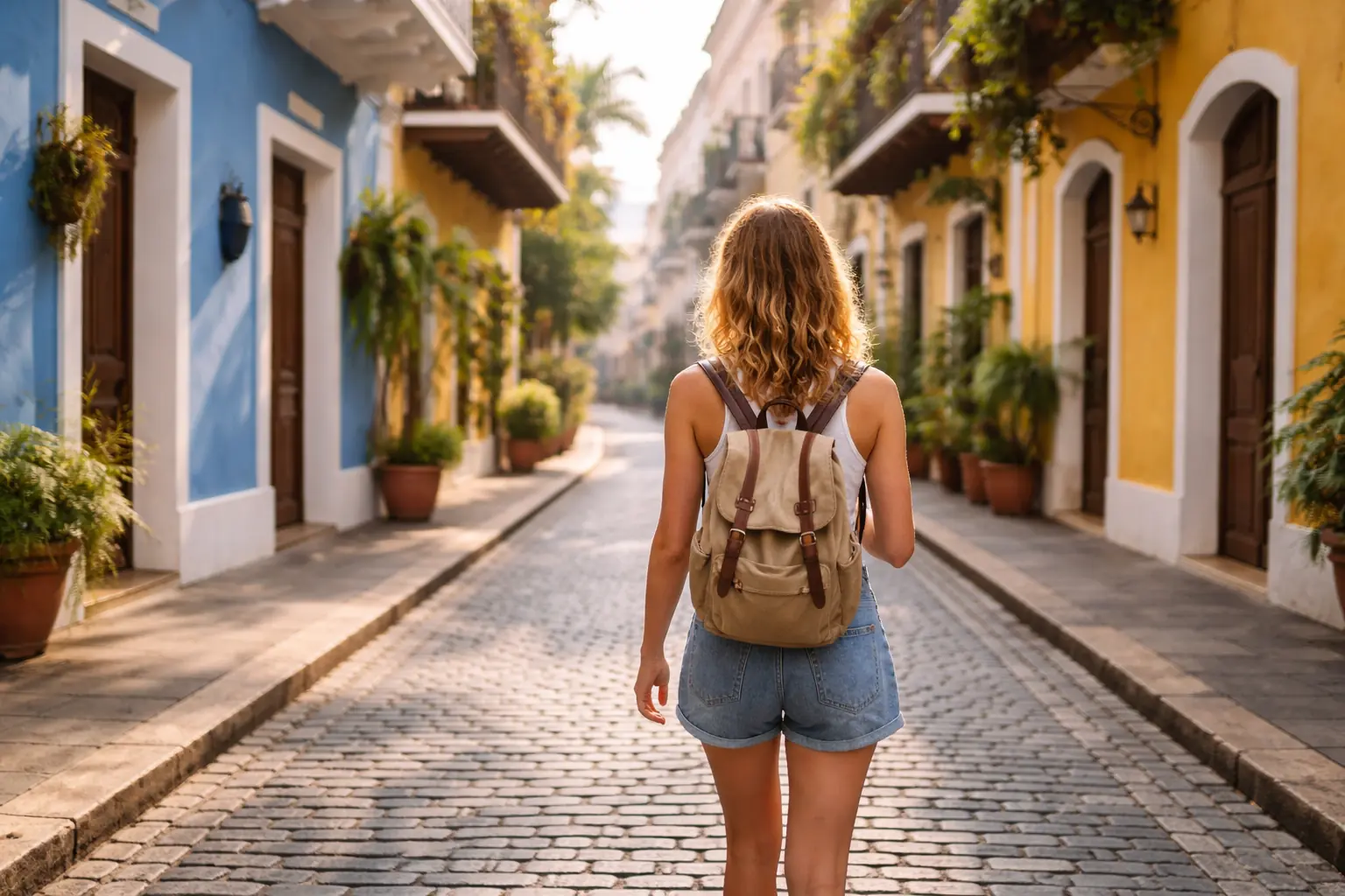 A woman walking through a colorful historic street in Puerto Rico with a small backpack.