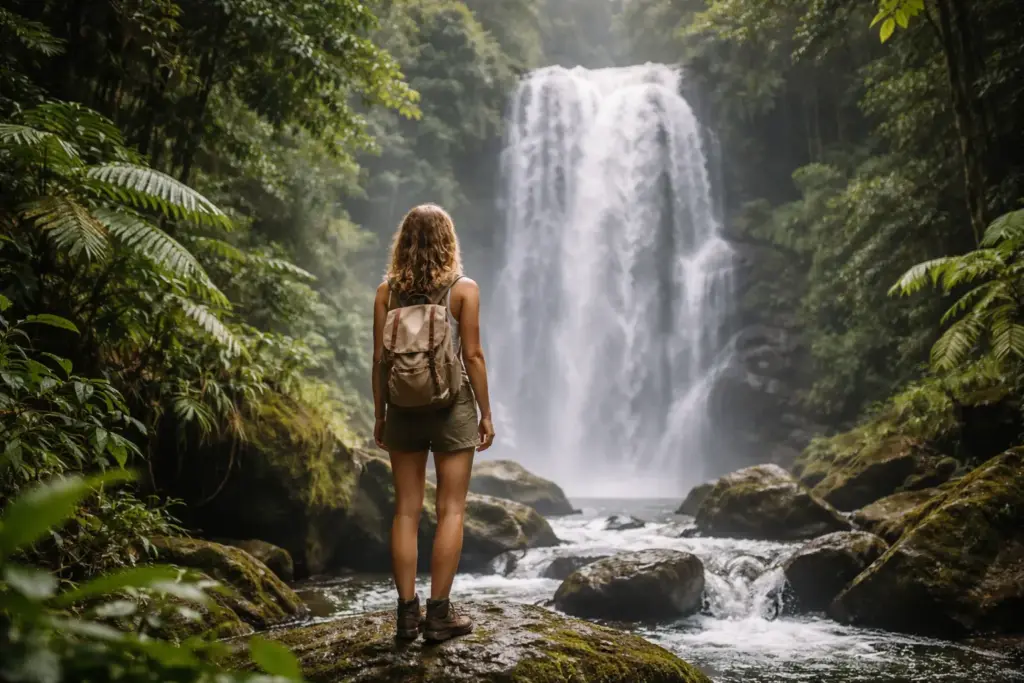 A traveler standing near a lush waterfall surrounded by tropical ferns.