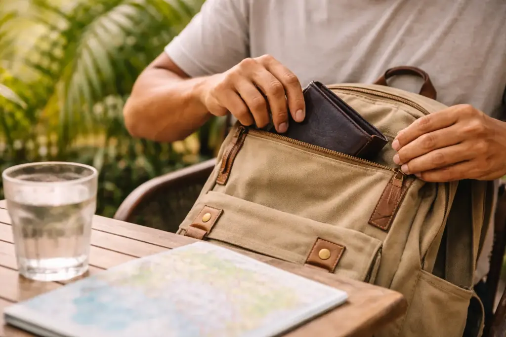 A person of African descent placing a wallet into a backpack while sitting at an outdoor cafe in a tropical setting.