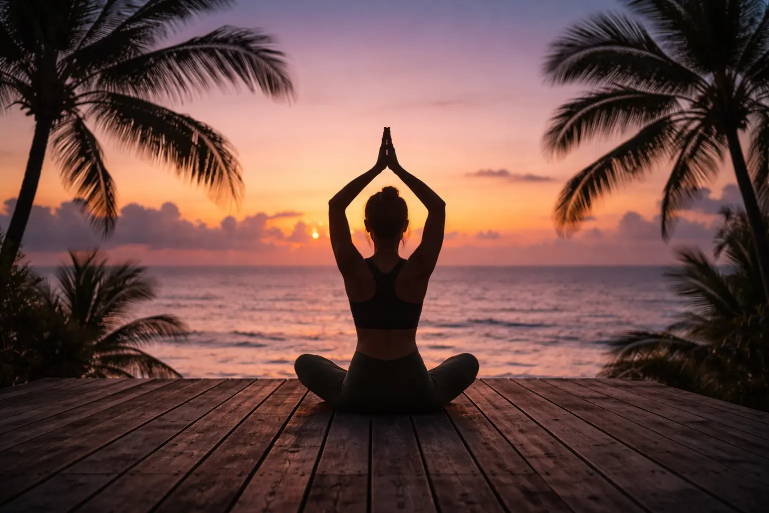 A person practicing yoga on a wooden deck overlooking the ocean during the golden hour in Rincon.
