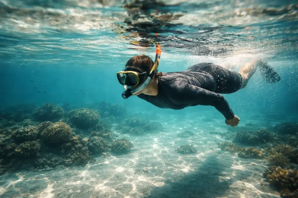 A person snorkeling in crystal clear turquoise water, wearing a professional rash guard.